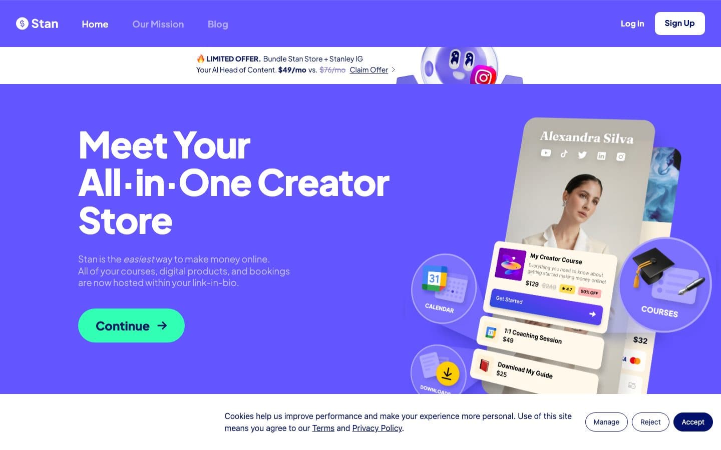 Stan Store homepage showing a creator storefront
