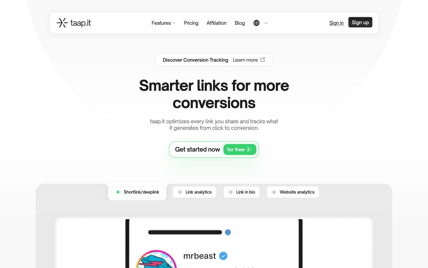 Taap.it homepage focused on smart links and conversion tracking