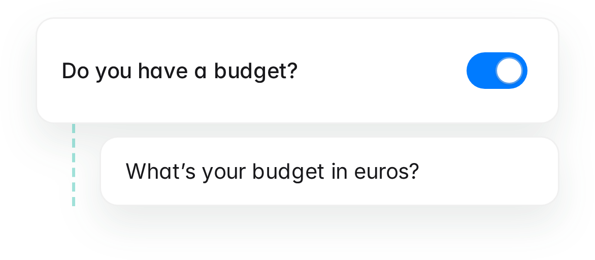 A budget question with its switch enabled reveals a follow-up asking for the amount in euros.